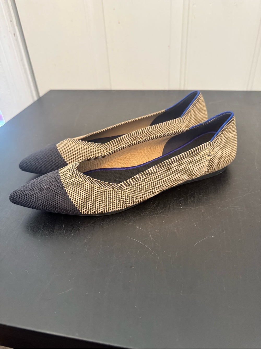 Rothy’s The Point Dune Cap Toe Pointy Flats Tan Black 10
